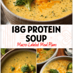 A bowl of creamy broccoli cheddar soup garnished with cheese and florets, a healthy high protein soup recipe.